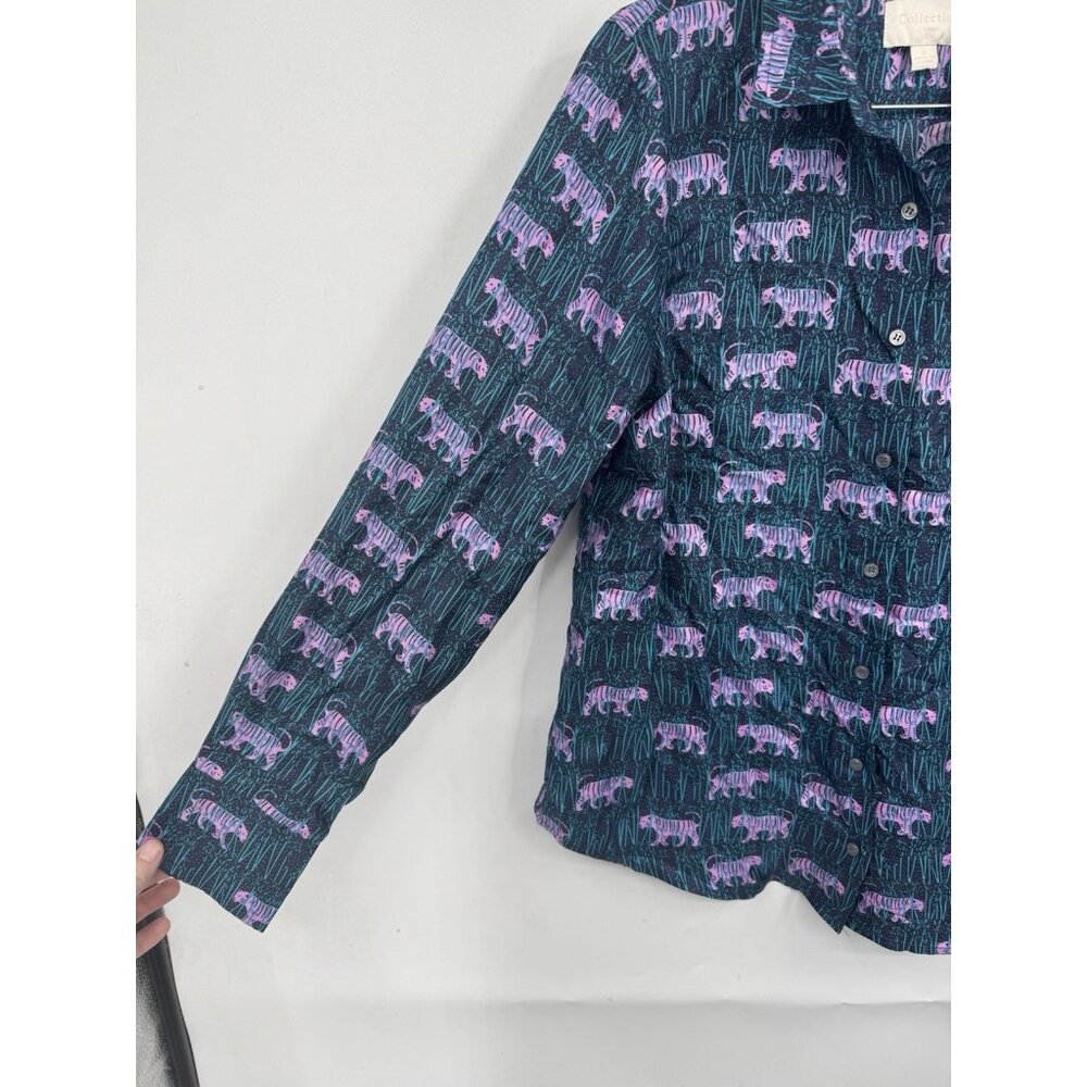 J. Crew Collection Tiger Print 100% Silk Blouse Women 8 Navy Pink Button Front - Picture 8 of 8
